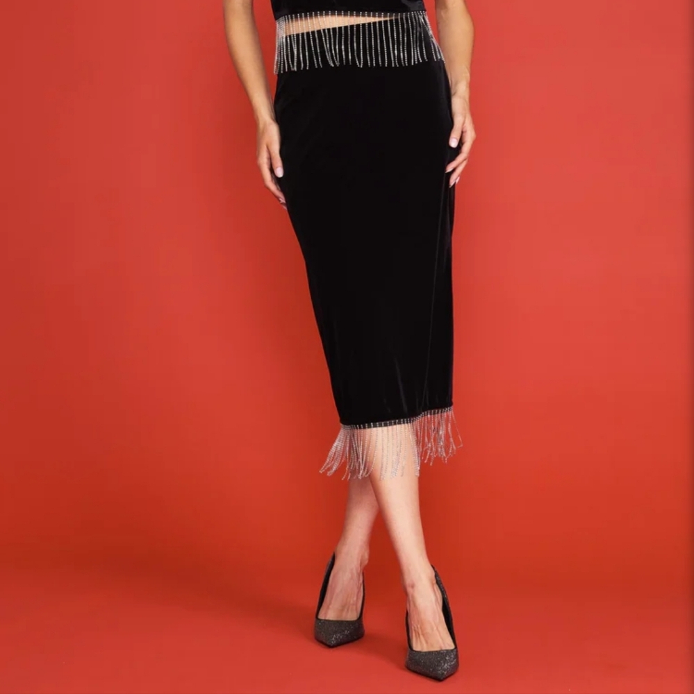 Rhinestone Fringe Velvet Skirt